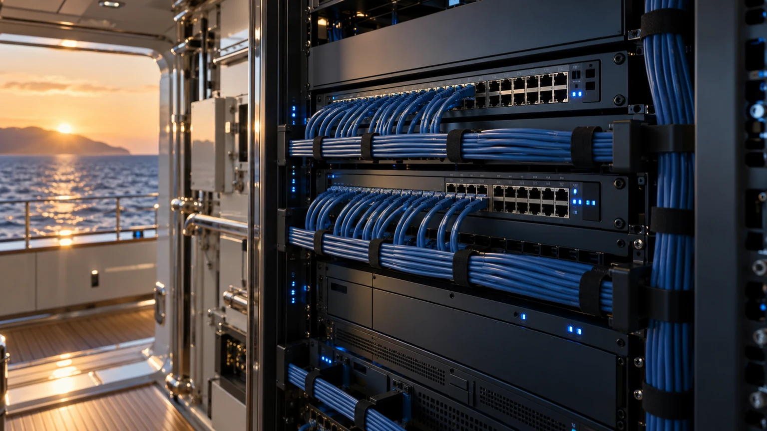 Concepto de IA: Rack de red marina con conexiones Ethernet azules ordenadas.