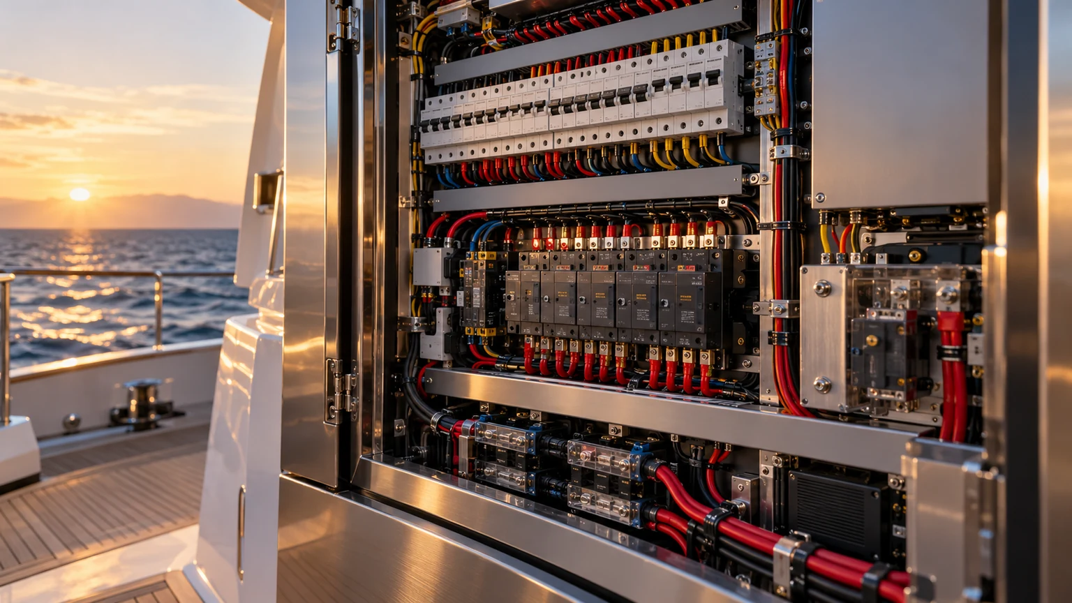 Concepto de IA: Gabinete de distribución eléctrica marina con cableado protegido y ordenado.
