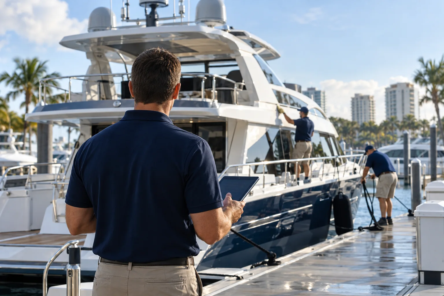 AI concept: professional holding a tablet while supervising yacht maintenance at a marina.