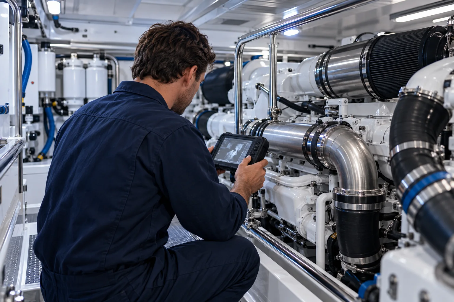 AI concept: marine technician examining yacht mechanical systems with a handheld diagnostic instrument.