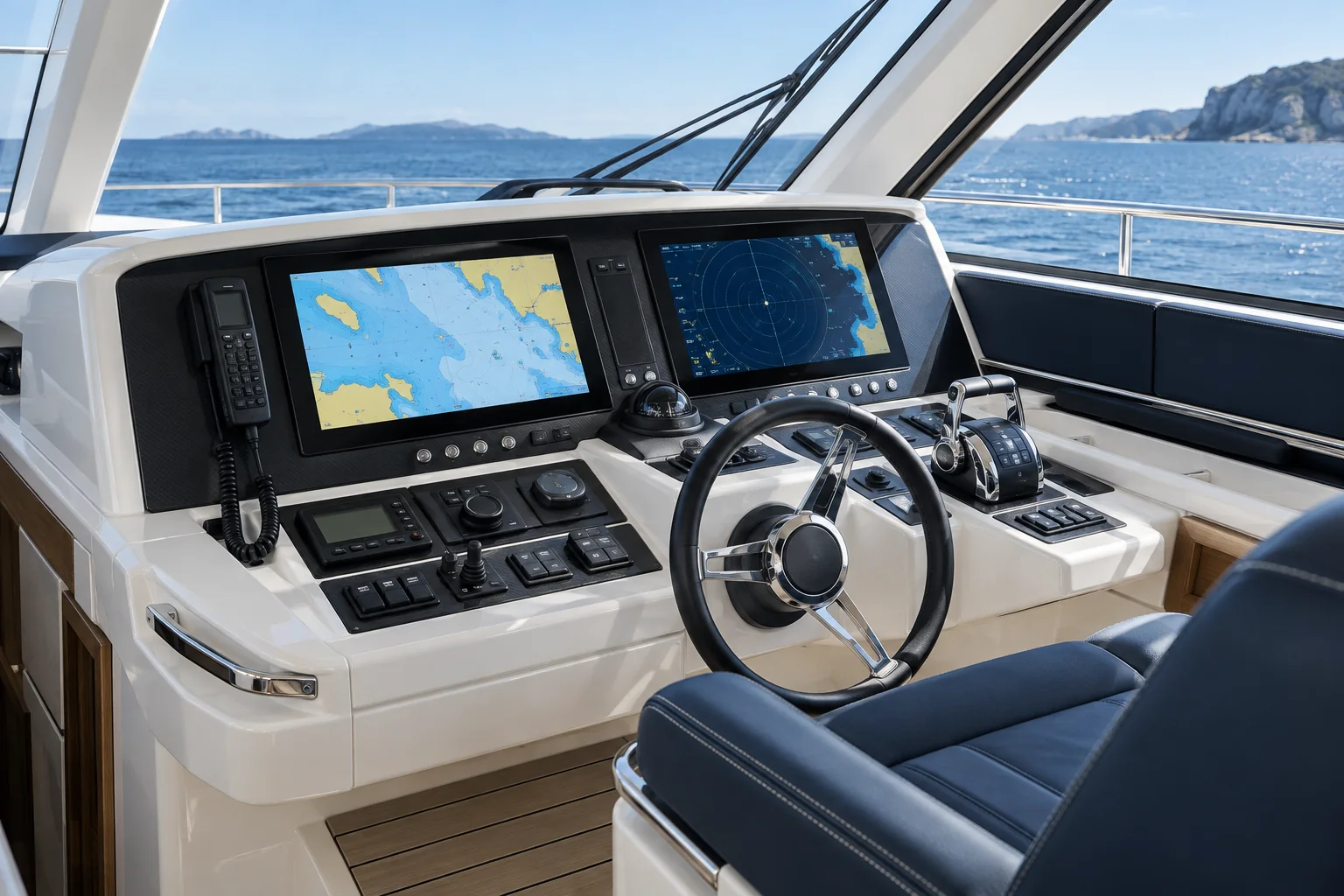 AI concept: modern yacht bridge with navigation displays, radar and a VHF handset.