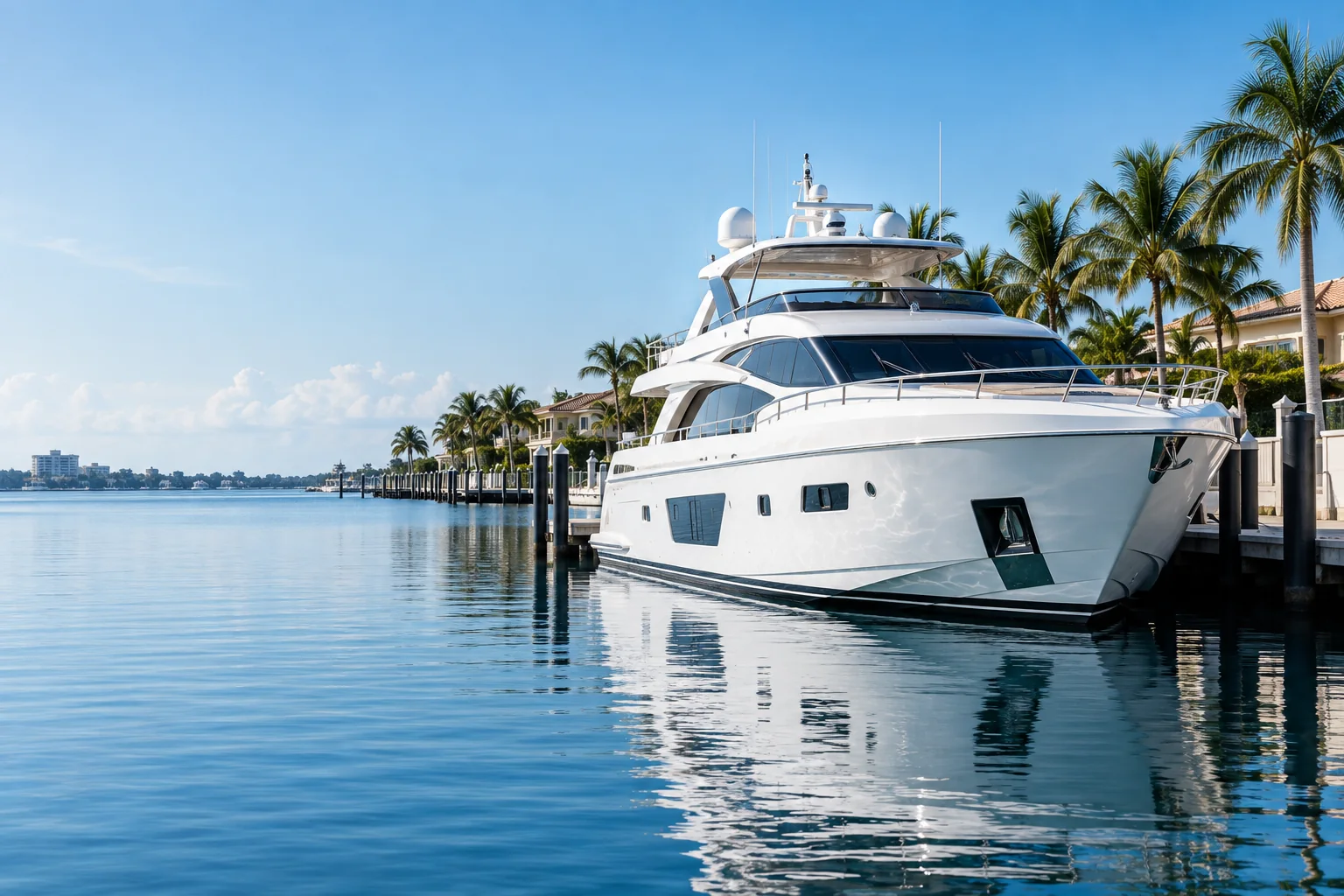 Concepto de IA: yate premium amarrado en aguas tranquilas de una marina del sur de Florida, con luz natural.