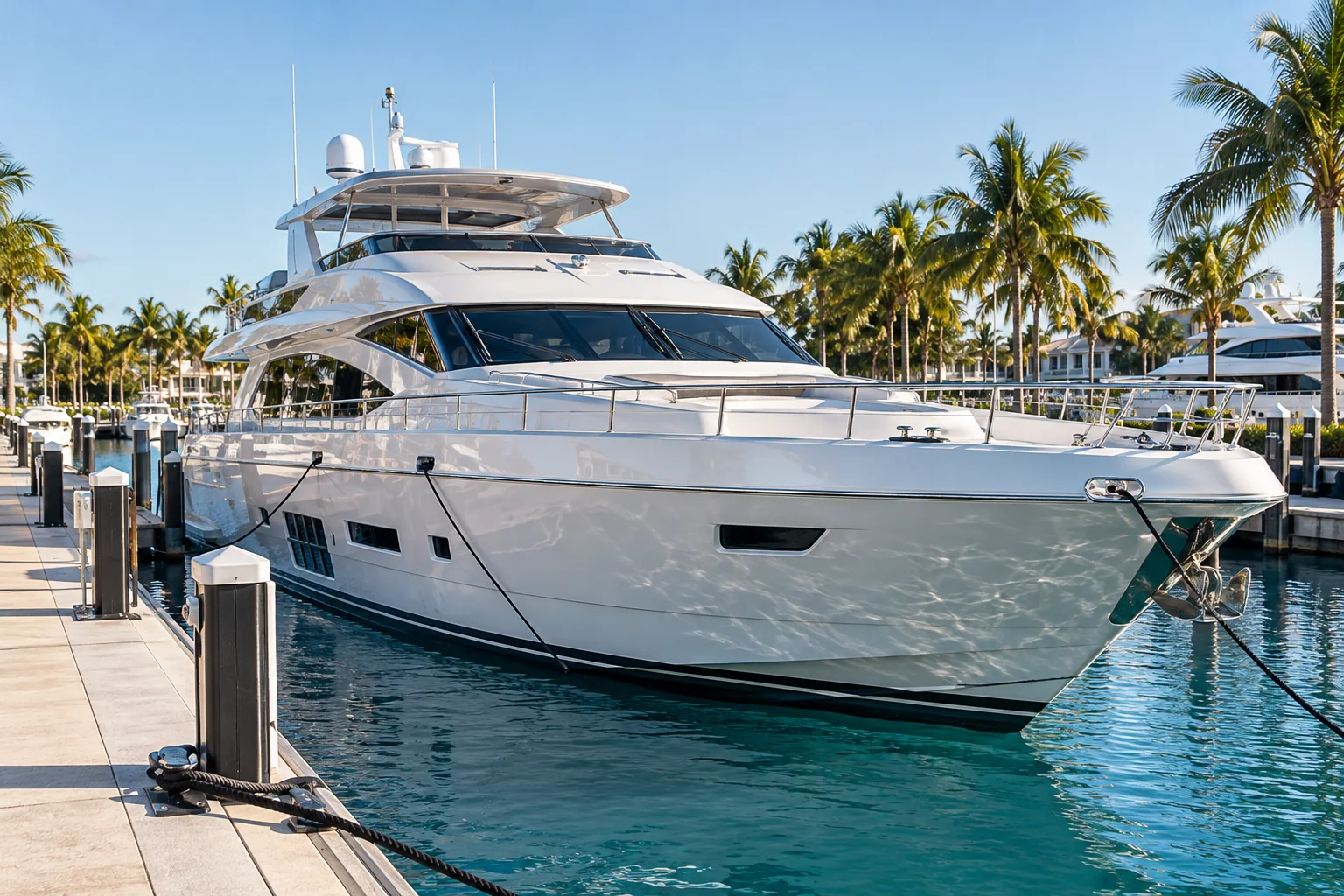 AI concept: premium white yacht moored beside a palm-lined marina.