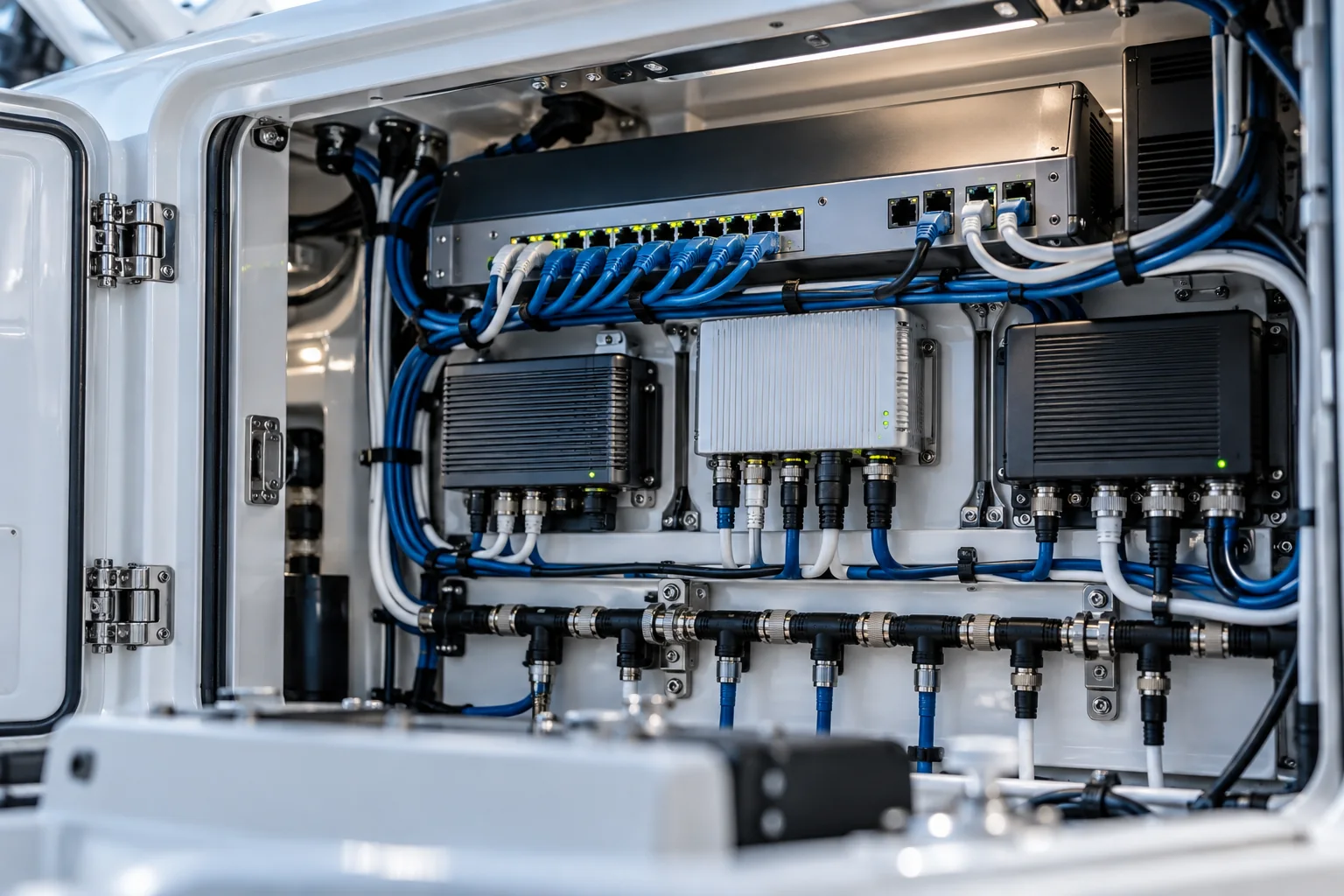 AI concept: marine Ethernet switch, gateways and organized networking connections.