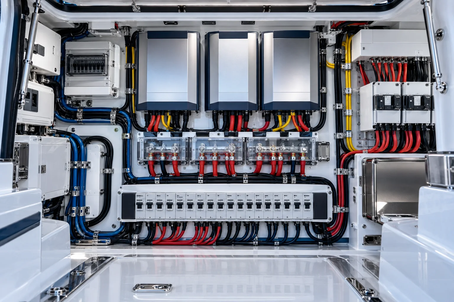 AI concept: organized marine electrical installation with distribution equipment and protected wiring.